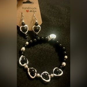 NWT Handmade Black & Silver Heart Design Earrings and Bracelet set